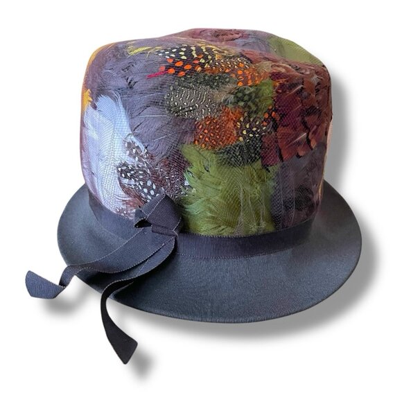 Vintage 1960s Womens Pheasant Feather Hat Angel Designs Brown Wool Dress Toque - Picture 2 of 16